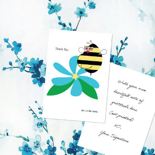 Cartão De Agradecimento Barriga de Bebê Mamãe Abelha com Óculos Flor Azul