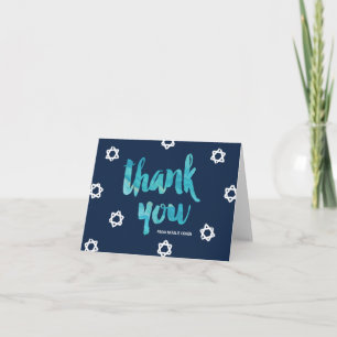 Cartão De Agradecimento Bat e Bar de Aquarela Azul Mitzvah Obrigado