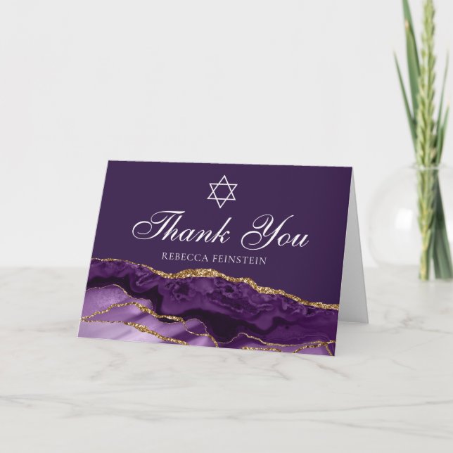 Cartão De Agradecimento Bat Judaico Mitzvah Purple Estrela Dourada de Davi (Frente)