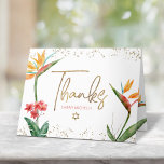Cartão De Agradecimento Bat Mitzvah Aquarela Tropical Floral Rótulo Dourad<br><div class="desc">Certifique-se de que sua Bat Mitzvah favorita mostre apreço a todos que apoiaram seu evento marcante! Envie este cartão de agradecimento sofisticado e personalizado! Aves estilizadas, impressionantes, coloridas e tropicais de flores do paraíso em aquarela, escrita à mão em dourado falso, Estrela de Davi e pontos cintilantes, juntamente com um...</div>