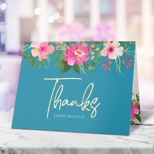 Cartão De Agradecimento Bat Mitzvah Blue Dourada Script Floral Watercolor