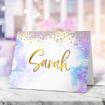 Cartão De Agradecimento Bat Mitzvah Dourado Purple Watercolor Sarah Vazio<br><div class="desc">Certifique-se de que o seu Bat Mitzvah favorito mostre o seu apreço a todos os que apoiaram o seu evento principal! Envie esta nota impressionante, moderna e personalizada. Folha de ouro cintilante escrita à mão e minúsculos pontos brilhantes sobrepõem um fundo de aquarela roxa claro. dentro de vazio para a...</div>