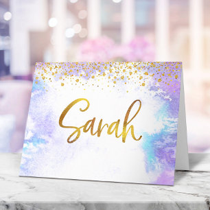 Cartão De Agradecimento Bat Mitzvah Dourado Purple Watercolor Sarah Vazio