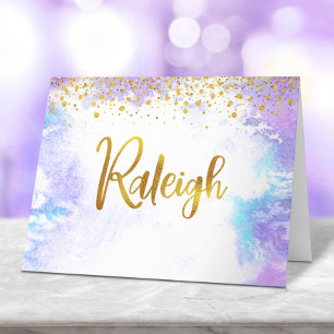 Cartão De Agradecimento Bat Mitzvah Dourado Script Purple Nome Personaliza