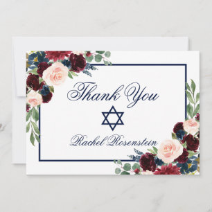 Cartão De Agradecimento Bat Mitzvah Floral Blue Burgundy