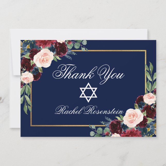 Cartão De Agradecimento Bat Mitzvah Floral Burgundy Azul (Frente)
