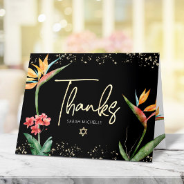 Cartão De Agradecimento Bat Mitzvah Floral Tropical Aquarela Preto Dourado