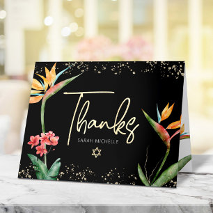 Cartão De Agradecimento Bat Mitzvah Floral Tropical Aquarela Preto Dourado