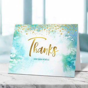 Cartão De Agradecimento Bat Mitzvah Gold Script on Turquoise Watercolor