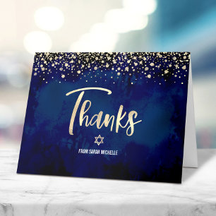 Cartão De Agradecimento Bat Mitzvah Marinha Dourado Brilho Folha Elegante