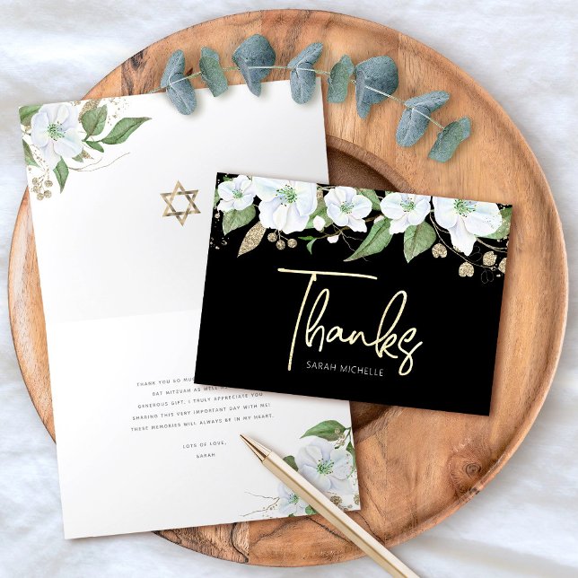 Cartão De Agradecimento Bat Mitzvah Ouro Preto Script Floral Aquarela (Criador carregado)