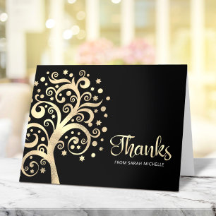 Cartão De Agradecimento Bat Mitzvah Preto Dourado Folha de Vida em Script