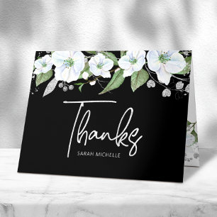 Cartão De Agradecimento Bat Mitzvah Preto Prata Script Floral Aquarela