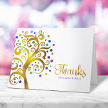 Cartão De Agradecimento Bat Mitzvah Purple Gold Foil Tree of Life Modern<br><div class="desc">Certifique-se de que o seu Bat Mitzvah favorito mostre o seu apreço a todos os que apoiaram o seu evento principal! Envie este sofisticado e personalizado cartões de agradecimentos! Esta folha de ouro falso gráfica com tartaruga cintilante, chaleira, púrpura e azul Estrela de David e "folhas" de ponto sobre um...</div>