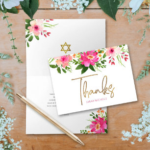 Cartão De Agradecimento Bat Mitzvah Rosa Floral Aquarela Dourado Script