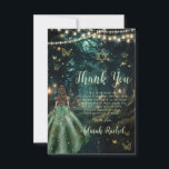 Cartão De Agradecimento Bat Mitzvah, um vestido verde da Floresta Encantad<br><div class="desc">Personalize esse encantador cartões de agradecimentos Bat Mitzvah fácil e rapidamente. Basta clicar no botão Editar usando ferramentas de Design para editar ainda mais o texto, alterar estilos de fonte e cores de fonte. Apresentando uma garota vestida com um vestido verde esmeralda e um fundo florestal encantado. As borboletas, a...</div>