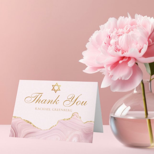Cartão De Agradecimento Bat Personalizado Dourado Rosa Chic Mitzvah (Criador carregado)