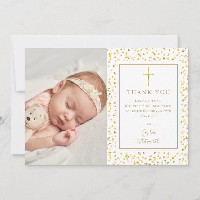 Cartão De Agradecimento Batismo Christening Dourado Hearts Confetti Foto (Frente)