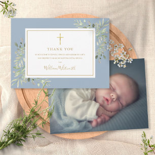 Cartão De Agradecimento Batismo Christening Foliage Dusty Foto Azul