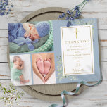 Cartão De Agradecimento Batismo Christening Greenery 3 Foto Dusty Blue<br><div class="desc">Dourada assinatura batismo batizando cartões de agradecimentos de fotos. Personalize com suas 3 fotos e batismo especial,  batizando o obrigado que você envia em letras chic gold neste moderno elegante design azul empoeirado. Projetado por Thisnotme©</div>