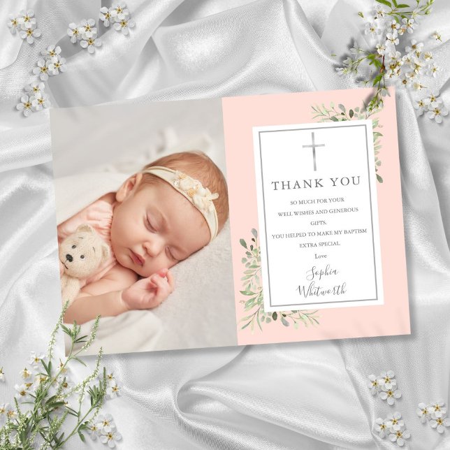 Cartão De Agradecimento Batismo Christening Greenery Blush Foto Rosa (Baptism Christening Greenery Blush Pink Photo Thank You Card)