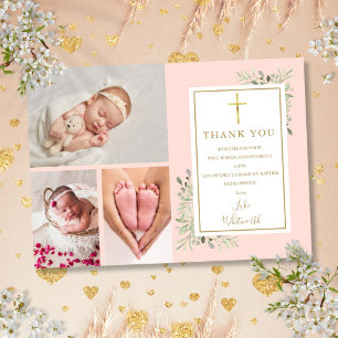 Cartão De Agradecimento Batismo Christening Greenery Blush Foto Rosa 3