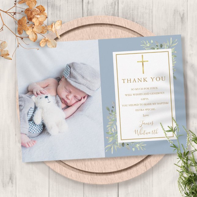 Cartão De Agradecimento Batismo Christening Greenery Foto Blue Boy (Baptism Christening Greenery Photo Blue Boy Thank You Card)