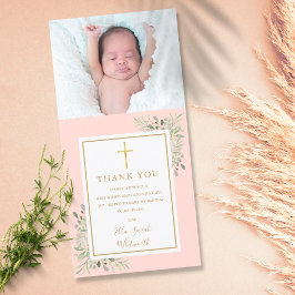 Cartão De Agradecimento Batismo Christening Greenery Foto Blush Pink