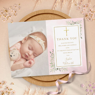Cartão De Agradecimento Batismo Christening Greenery Foto Pink Watercolor