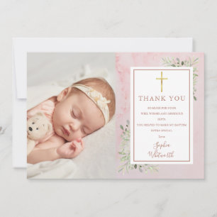 Cartão De Agradecimento Batismo Christening Greenery Pink Marble Foto