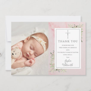 Cartão De Agradecimento Batismo Christening Greenery Pink Marble Foto