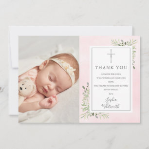 Cartão De Agradecimento Batismo Christening Greenery Pink Watercolor Foto