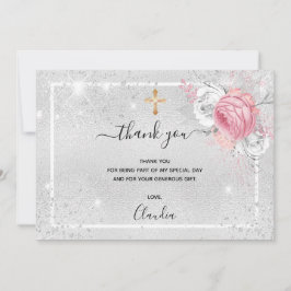 Cartão De Agradecimento Batismo cinza-prateada cor-de-rosa floral