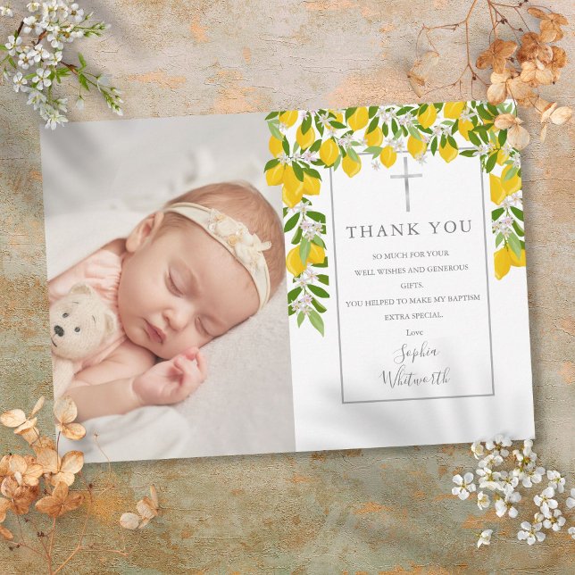 Cartão De Agradecimento Batismo Cristening Lemons Flor Greenerescência Fot (Baptism Christening Lemons Blossom Greenery Photo Thank You Card)
