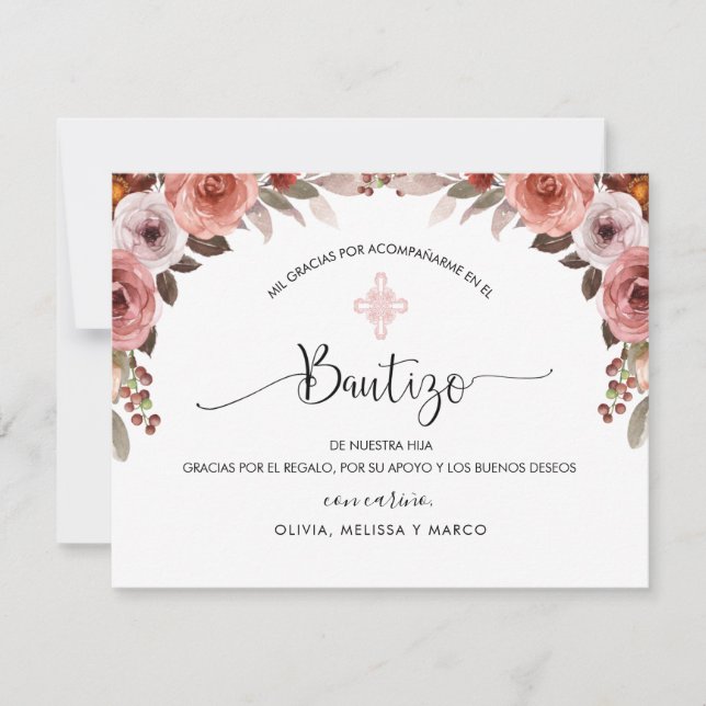 Cartão De Agradecimento Batismo da Espanhola Rosa Floral Obrigado (Frente)