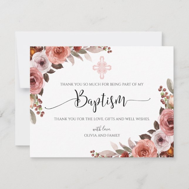 Cartão De Agradecimento Batismo da Garota Floral Rosa Flórida Obrigado (Frente)