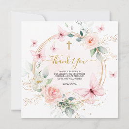 Cartão De Agradecimento Batismo de Borboleta Floral Rosa Cinzento