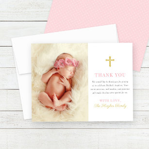 Cartão De Agradecimento Batismo de Foto de Menina Rosa e Dourada Elegante