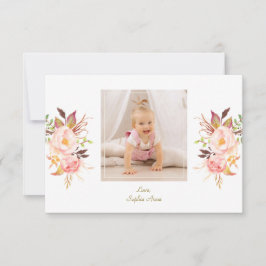 Cartão De Agradecimento Batismo de Foto Dourada Floral, Rosa Elegante