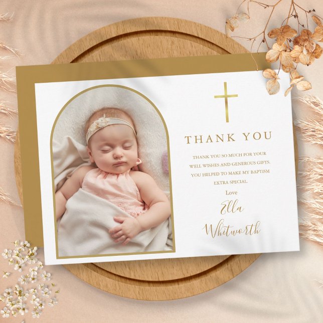 Cartão De Agradecimento Batismo de Script de Assinatura de Foto em Arch Do (Elegant Gold Arch Photo Signature Script Baptism Thank You Card)