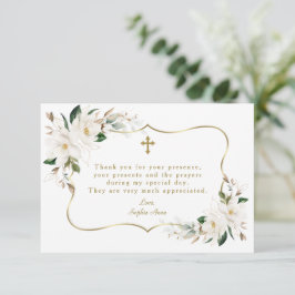 Cartão De Agradecimento Batismo Dourado Floral da Magnolia Branca