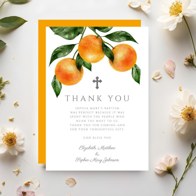 Cartão De Agradecimento Batismo Elegante De Rapariga (Elegant Oranges Girl Baptism Thank You Card)