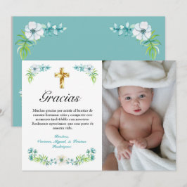 Cartão De Agradecimento Batismo Espanhol da Cruz Dourada Floral Azul Elega