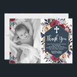 Cartão De Agradecimento Batismo Floral Azul-Marinho Brilhante Obrigado Car<br><div class="desc">Belo, elegante script burgundy marinho batizando azul e batismo obrigado cartas. Envie obrigados para a família e amigos com este obrigado personalizado moderno, seu cartão plano religioso. Apresenta um roteiro manuscrito com a letra "Obrigado", um arranjo floral de rosa de marinho de de cor-d-água vermelho-burgundy marsala com fundo branco e...</div>