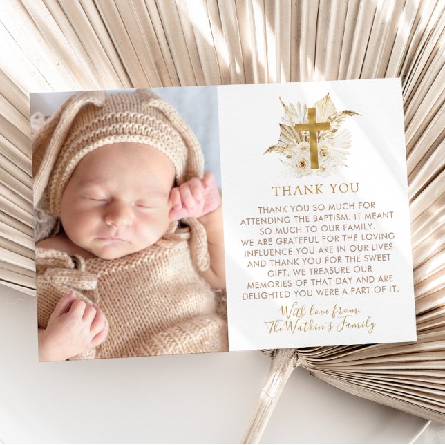 Cartão De Agradecimento Batismo Floral Neutro Boho Foto de Natal (Boho Neutral Floral Thank You Card with Photo | No photo option available + other matching items)