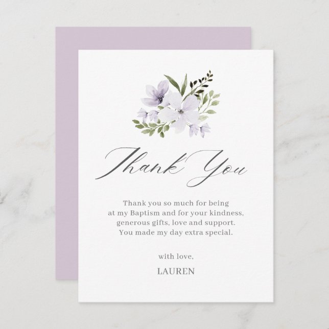 Cartão De Agradecimento Batismo Floral Roxo Cruzando Christening (Frente/Verso)
