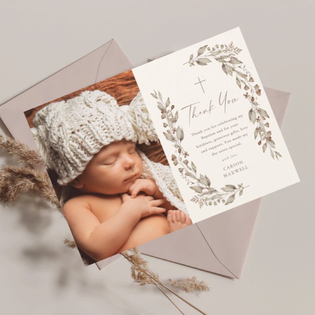 Cartão De Agradecimento Batismo Fotográfico neutro de Boho Wildflower (Boho wildflower elegant ivory gender neutral photo baptism thank you card.)