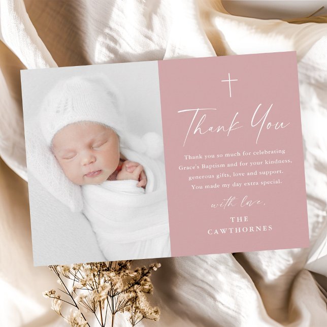 Cartão De Agradecimento Batismo Fotográfico Rosa Dusty com Script Elegante (Modern elegant script dusty pink girls photo baptism thank you cad.)