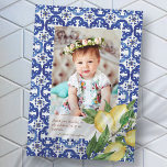 Cartão De Agradecimento Batismo Para Os Seus Azulejos Mediterrânicos Flore<br><div class="desc">Composta por tipografia serifana. Tudo num pano de fundo de azulejos mediterrânicos azuis e brancos com folhagem verde,  limões e flores florais selvagens. Este foi projetado por materiais de terceiros selecionados,  exclusivos para o Zazzle. Disponível aqui: http://www.zazzle.com/selectpartysupplies</div>