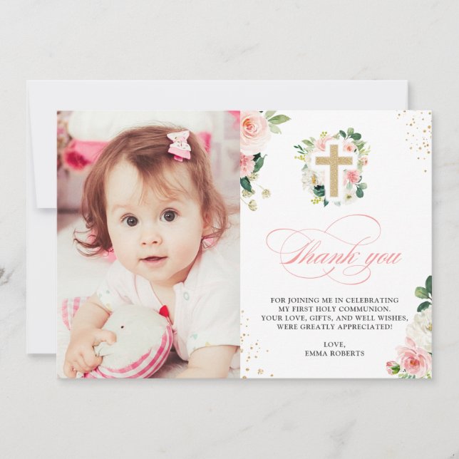 Cartão De Agradecimento Batismo Religioso De Primeira Comunhão Dourado Ros (Frente)